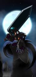 Rule 34 | 1boy, armor, berserk, black armor, black hair, black helmet, chest jewel, forehead jewel, full body, full moon, helmet, highres, holding, holding sword, holding weapon, long hair, male focus, mega man (series), mega man x (series), moon, night, solo, strike sketch, sword, weapon, zero (mega man)