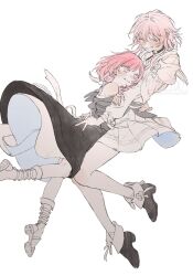 2girls black_boots black_choker black_coat boots choker coat cyrene_(honkai:_star_rail) full_body highres honkai:_star_rail honkai_(series) hug kaimochi0839 legs march_7th_(honkai:_star_rail) march_7th_(preservation)_(honkai:_star_rail) multiple_girls pink_hair sandals shirt short_hair simple_background skirt smile white_background