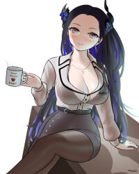 1girl asymmetrical_horns black_hair black_skirt blue_hair breasts cleavage coffee coffee_mug colored_inner_hair crystal_horns cup demon_horns highres holding holding_cup hololive hololive_english horns large_breasts leather_skirt mayade_art mole mole_under_eye mug multicolored_hair nerissa_ravencroft nerissa_ravencroft_(casual) office_lady official_alternate_costume pantyhose pencil_skirt print_mug red_eyes shirt skirt soju solo two-tone_hair uneven_horns virtual_youtuber white_shirt