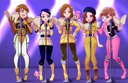 6+girls absurdres animification arm_up armor armored_bodysuit battle_fever_j belt beret black_pantyhose blue_eyes blue_hair blunt_bangs bodysuit boots brown_hair candy chibi chibi_on_shoulder chocolate chocolate_bar contrapposto dekapink food gloves gokai_yellow gold_armor green_eyes hand_on_own_hip hat hayase_kyouko highres index_finger_raised kaizoku_sentai_gokaiger kikai_sentai_zenkaiger kodou_koume kyuukyuu_sentai_gogofive long_hair luka_millfy magine microphone microphone_stand military_uniform multiple_girls nakahara_keiko necktie one_eye_closed open_mouth pantyhose pink_bodysuit pink_boots pink_eyes ponytail raptor_283 script short_hair short_sleeves side-by-side smile super_sentai tirofinire tokumei_sentai_go-busters tokusatsu tokusou_sentai_dekaranger two-tone_bodysuit uchuu_sentai_kyuuranger usami_youko voice_actor_connection washi_pink white_gloves white_pantyhose yellow_bodysuit yellow_boots yellow_buster yellow_eyes yellow_gloves zeek-jeanne