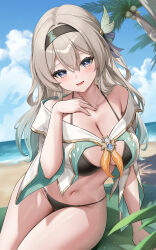 1girl absurdres alternate_costume arm_support beach bikini black_bikini black_bow black_hairband blue_eyes blue_pupils blue_sky bow breasts cleavage collarbone commentary day firefly_(honkai:_star_rail) gradient_hair green_hair grey_hair groin hair_between_eyes hair_bow hairband hand_on_own_chest highres honkai:_star_rail honkai_(series) jacket large_breasts light_blush looking_at_viewer lunacle multicolored_eyes multicolored_hair navel ocean outdoors paid_reward_available palm_tree sitting sky smile solo stomach swimsuit symbol-only_commentary tree two-tone_eyes white_jacket yellow_eyes