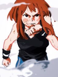 1girl black_tank_top blush_stickers boku_no_hero_academia brown_hair clenched_hands commentary_request cowboy_shot highres imamuu_(imamoon) long_sidelocks looking_at_viewer short_hair sidelocks smoke solo tank_top twitter_username uraraka_ochaco wristband