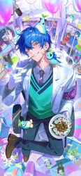 Rule 34 | 1boy, absurdres, aqua eyes, armband, ashtray, birthday cake, biting, black pants, blue hair, blue ribbon, blush, box, brown shoes, cake, can, chair, cigarette, coat, collared shirt, commentary request, computer, computer keyboard, confetti, crumbs, drink can, duck x805, figure, figure four sitting, flower, food, fujioka haruhi, gift, gift box, glasses, green vest, grey shirt, grin, happy birthday, hat, highres, holding, holding plate, lab coat, leos vincent, leos vincent (1st costume), looking at viewer, looking up, mameneko (leos vincent), monitor, multiple monitors, necktie, nendoroid, nijisanji, office chair, ouran high school host club, pants, party hat, perspective, plate, purple necktie, ribbon, shirt, shoes, sitting, smile, solo, sticky note, striped clothes, striped pants, swivel chair, syringe, tie clip, vest, virtual youtuber, white coat, white flower