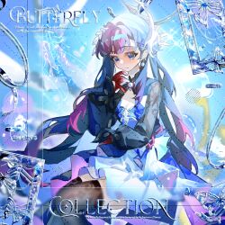 1girl alternate_color alternate_costume alternate_universe black_thighhighs blue_background blue_dress blue_eyes blue_hair blunt_bangs blurry blurry_background blush breasts bubble chinese_commentary cleavage closed_mouth dress english_text frilled_dress frills gem gloves hair_ornament hand_up headpiece highres honkai:_star_rail honkai_(series) hysilens_(honkai:_star_rail) in_water long_hair long_sleeves multicolored_dress multicolored_hair pearl_(gemstone) shade solo thighhighs thighs wavy_hair wide_sleeves yuyu010722