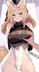 1girl 1other anger_vein animal_ears arknights arms_behind_back black_hat blonde_hair blue_eyes blush breasts commentary_request dress grabbing_another&#039;s_breast groin groping hat highres horse_ears horse_girl horse_tail kyuu_(plastic_night_q) large_breasts no_panties paid_reward_available pelvic_curtain pov pov_hands spoken_anger_vein sweatdrop tail whislash_(arknights) white_dress