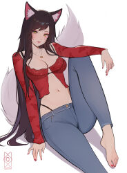 1girl absurdres ahri_(league_of_legends) animal_ear_fluff animal_ears barefoot black_hair breasts collarbone denim facial_mark fox_ears fox_tail front_slit heart heart_necklace highleg highleg_panties highres jeans jewelry knee_up league_of_legends long_hair long_sleeves looking_at_viewer navel necklace panties pants quilm red_nails red_shirt shirt simple_background sitting solo tail underwear very_long_hair whisker_markings white_background yellow_eyes