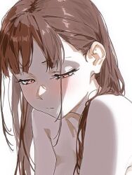 1girl backlighting bare_shoulders brown_eyes brown_hair closed_mouth cobwvmeti collarbone eyelashes half-closed_eyes highres idolmaster idolmaster_shiny_colors light_blush long_hair looking_down nude shadow solo sonoda_chiyoko straight_hair white_background