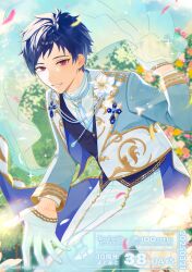 1boy ameno_(ameno_f) beads blue_coat blue_gemstone blue_hair blue_necktie blue_vest blurry blurry_background blurry_foreground blush bush coat copyright_name copyright_notice countdown crystal dated day ensemble_stars! falling_petals feet_out_of_frame flower flower_request fushimi_yuzuru gem glint gloves gold_trim hand_up holding holding_veil lapels leaning_forward light_particles light_smile long_sleeves looking_at_viewer looking_to_the_side male_focus necktie notched_lapels offering_hand official_alternate_costume official_art open_clothes open_coat open_mouth orange_flower outdoors pants parted_bangs petals pink_flower purple_eyes see-through_clothes see-through_veil shirt short_hair sidelighting solo sparkle standing sunlight tree two-sided_coat two-sided_fabric veil vest white_coat white_flower white_gloves white_pants white_shirt yellow_flower