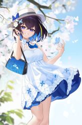 1girl absurdres bag bare_shoulders black_hair blonde_hair blue_eyes blue_hair branch breasts bug butterfly cherry_blossoms colored_inner_hair day dress feet_out_of_frame floral_print flower grin hair_flower hair_ornament handbag hat highres honkai_(series) honkai_impact_3rd insect looking_at_viewer multicolored_hair outdoors seele_vollerei short_hair sleeveless sleeveless_dress smile solo streaked_hair sun_hat sundress takeawatch tree two-tone_hair virtual_youtuber white_dress