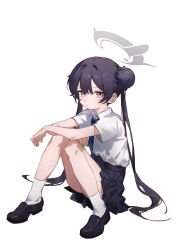 1girl absurdres arm_rest black_hair black_shoes black_skirt blue_archive blue_necktie closed_mouth collared_shirt commentary_request double_bun eco_376124 expressionless from_side full_body grey_eyes grey_halo hair_bun halo high-waist_skirt highres kisaki_(blue_archive) kisaki_(school_uniform)_(blue_archive) knees_together_feet_apart long_hair looking_at_viewer necktie pleated_skirt school shirt shirt_tucked_in shoes short_sleeves simple_background sitting skirt solo striped_necktie twintails white_background white_shirt white_shoes