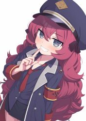 1girl 796leixzva24239 absurdres armband black_bow black_coat black_hat black_shirt black_skirt blue_archive blush bow coat collared_shirt fluffy_hair grey_eyes hair_between_eyes halo hat hat_bow highres iroha_(blue_archive) long_hair long_sleeves looking_at_viewer miniskirt necktie open_clothes open_coat open_mouth peaked_cap red_hair red_necktie school_uniform shirt simple_background skirt smile smug solo standing untucked_shirt very_long_hair white_background