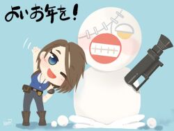 Rule 34 | 1girl, blue background, blue eyes, blue pants, blue shirt, character snowman, deformed, jill valentine, lovers nero, nemesis (resident evil), pants, resident evil, resident evil 3: nemesis, resident evil 3 (remake), rocket launcher, shirt, signature, simple background, snowman, waving, weapon