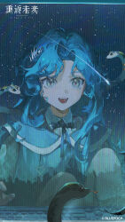 1girl :d absurdres aged_down blue_hair blue_jacket blue_ribbon collared_shirt copyright_name copyright_notice fangs green_eyes highres hissabeth jacket knees_up logo long_hair neck_ribbon night night_sky official_art official_wallpaper open_mouth red_pupils reflection reflection_focus reverse:1999 ribbon scanlines shirt shooting_star sky slit_pupils smile snake snake_on_head solo star_(sky) starry_sky tree upper_body white_shirt