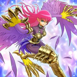 1girl armband armor bare_shoulders bikini_armor breasts censored claw_(weapon) claws cleavage cleavage_cutout clothing_cutout collarbone collared_halterneck cropped duel_monster feathered_wings feathers flying gradient_hair green_eyes halterneck harpie_lady harpy large_breasts long_eyebrows long_hair looking_at_viewer monster_girl multicolored_hair needle nhociory pink_hair purple_feathers smirk solo sparkle spikes tail weapon wings yu-gi-oh!