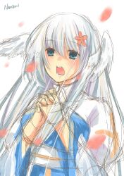 Rule 34 | 1girl, arch bishop (ragnarok online), artist name, blue dress, blue eyes, blush, chinese commentary, commentary request, cross, dress, feathered wings, grey hair, head wings, highres, interlocked fingers, long hair, nanami (s881201guy), open mouth, own hands together, petals, ragnarok online, sash, simple background, sketch, solo, two-tone dress, upper body, white background, white dress, white sash, white wings, wings