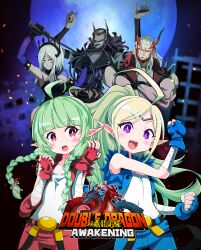 2boys 3girls absurdres ahoge arm_wrap aversa_(fire_emblem) blonde_hair braid circlet commission commissioner_upload cosplay dark-skinned_female dark_skin double_dragon facial_mark fake_horns fire_emblem fire_emblem_awakening full_moon gloves green_hair helmet highres horned_helmet horns kunio-kun_series logo moon mother_and_daughter multiple_boys multiple_girls nah_(fire_emblem) nintendo non-web_source nowi_(fire_emblem) pointy_ears ponytail purple_eyes sakurajyousui_nami sleeveless sleeveless_jacket tiara twin_braids validar_(fire_emblem) walhart_(fire_emblem) whip white_hair