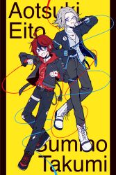 2boys :d absurdres ahoge alternate_costume aotsuki_eito belt black_belt black_collar black_gloves black_jacket black_pants black_shoes black_streaks blue_eyes cable character_name chinese_commentary collar cropped_jacket full_body glasses gloves grey_hair grey_pants highres holding holding_cable holding_microphone hood hoodie jacket jacket_over_hoodie jewelry looking_at_viewer male_focus microphone mizongwenwu multicolored_hair multiple_boys necklace open_mouth pants pillarboxed purple_eyes red_hair shirt shoes short_hair simple_background smile streaked_hair sumino_takumi the_hundred_line_-last_defense_academy- torn_clothes torn_hoodie torn_pants tower_records white_shirt yellow_background