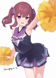 1girl armpits artist_name black_shirt black_skirt black_undershirt blush bow cevio cheerleader commentary_request hair_bow hand_up highres holding holding_pom_poms kanpa_(campagne_9) leaning_forward long_hair looking_at_viewer mole mole_under_eye multicolored_shirt multicolored_skirt natsuki_karin polka_dot polka_dot_bow pom_pom_(cheerleading) pom_poms purple_bow purple_eyes purple_hair purple_shirt purple_skirt shirt simple_background skirt sleeveless sleeveless_shirt smile solo synthesizer_v twintails variant_set white_background