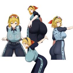 1girl arm_behind_back arm_up ass black_pants blonde_hair blue_shirt blush bow breasts eyewear_on_head hair_bow hairband hanging_breasts heavy_breathing highres hololive hololive_indonesia huge_breasts kaela_kovalskia long_hair medium_hair mulhubs pants red_bow red_eyes red_hairband resting shirt shirt_tucked_in short_sleeves sitting solo stretching sweat virtual_youtuber
