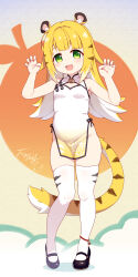 1girl :d absurdres animal_ear_fluff animal_ears bare_arms bare_shoulders black_shoes blonde_hair breasts china_dress chinese_clothes claw_pose cleavage_cutout clothing_cutout commentary_request covered_groin dress eyebrows_hidden_by_hair fang full_body green_eyes groin hands_up highres ju_fufu langbazi loli looking_at_viewer multicolored_hair no_panties open_mouth shoes signature sleeveless sleeveless_dress small_breasts smile solo standing tail thighhighs tiger_ears tiger_girl tiger_tail two-tone_hair white_dress white_hair white_thighhighs zenless_zone_zero