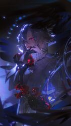 1girl absurdres aoiinu0125 arlecchino_(genshin_impact) black_eyes black_hair black_hands blood blood_on_face chinese_commentary coat colored_extremities flower genshin_impact gloves grey_coat hair_between_eyes highres holding holding_flower long_sleeves looking_at_viewer multicolored_hair red_pupils short_hair solo streaked_hair symbol-shaped_pupils two-tone_hair white_hair x-shaped_pupils
