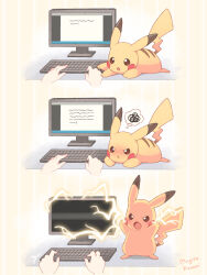 Rule 34 | 1other, :o, :t, artist name, blush, brown eyes, closed mouth, commentary request, computer keyboard, electricity, gen 1 pokemon, highres, monitor, mugita konomi, nintendo, nose blush, open mouth, pikachu, pokemon, pokemon (creature), speech bubble, spoken squiggle, squiggle, thought bubble, v-shaped eyes
