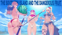 Rule 34 | 3girls, beach, bikini, blue eyes, blue gemstone, bracelet, commentary, daichan mona, daisy (dq), dragon quest, dragon quest walk, earrings, fake horns, fluffy (dragon quest), food, fruit, gem, gloves, helmet, highres, holding, holding food, holding fruit, holding watermelon, holding whip, horned helmet, horns, jessica albert, jewelry, long hair, multiple girls, ring, slime (dragon quest), swimsuit, sword, twintails, watermelon, weapon