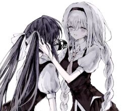 Rule 34 | 2girls, :d, black hair, black skirt, black vest, bow, braid, collared shirt, hair between eyes, hair bow, hairband, hand on another&#039;s head, highres, hikawa rina, kawachino yuumi, long hair, looking at another, low twin braids, multiple girls, muted color, muzzle (mask), necktie, open mouth, pleated skirt, puffy short sleeves, puffy sleeves, red necktie, sakura no uta, school uniform, shirt, short sleeves, simple background, skirt, smile, standing, twin braids, twintails, very long hair, vest, white background, white eyes, white hair, white shirt, yuri, yuyuyuyhz