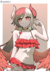 1girl absurdres bare_shoulders bikini black_choker black_hair black_horns bow bright_pupils choker frilled_bikini frills gauze gauze_on_chest gradient_background hand_in_own_hair hand_up highres horns light_blush long_hair low_wings multicolored_hair multicolored_horns original red_bikini red_bow red_eyes red_frills red_light red_wings shy signature simple_background sleeveless smile solo sweatdrop swimsuit thigh_strap white_hair white_horns white_pupils wings xun_lin_(pixiv_93392103)
