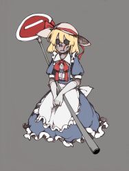 1girl apron back_bow blonde_hair blue_dress bolos bow bowtie buttons collared_shirt commentary dress elbow_gloves eye_socket frilled_apron frilled_dress frills full_body gloves grey_background grey_gloves hands_on_lap hat hat_bow kana_anaberal kneeling long_dress medium_hair nostrils own_hands_together parted_lips puffy_short_sleeves puffy_sleeves red_bow red_bowtie road_sign shirt short_sleeves sign simple_background solo sun_hat tachi-e teeth touhou touhou_(pc-98) white_apron white_bow white_hat white_shirt worm zombification