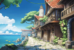 blue_sky building cloud cloudy_sky cobblestone day dock highres marc_brunet no_humans ocean original outdoors plant scenery shadow sky stone_wall tree window wooden_box