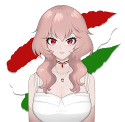 Rule 34 | 1girl, azur lane, bare shoulders, breasts, character request, choker, cleavage, collarbone, dress, gallaxi, highres, jewelry, large breasts, long hair, looking at viewer, necklace, parted lips, portrait, red eyes, smile, solo, straight-on, teeth, upper body, white dress