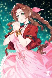 1girl absurdres aerith_gainsborough artist_logo atomicmrshmallw bangle bracelet braid braided_ponytail breasts brown_hair buttons choker commentary cowboy_shot cropped_jacket dress english_commentary final_fantasy final_fantasy_vii final_fantasy_vii_rebirth final_fantasy_vii_remake flower_choker green_eyes hair_ribbon highres jacket jewelry lifestream light_blush logo long_dress long_hair medium_breasts own_hands_clasped own_hands_together parted_bangs parted_lips pink_dress pink_ribbon praying red_jacket ribbon short_sleeves sidelocks signature single_braid solo