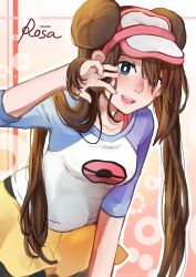 1girl brown_hair character_name collarbone double_bun hair_between_eyes hair_bun highres lia_(retiredstarmiya) looking_at_viewer nintendo outline pokemon pokemon_bw2 raglan_sleeves rosa_(pokemon) solo visor_cap white_outline