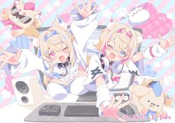 2girls animal_ear_fluff animal_ears black_collar blonde_hair blue_eyes blue_hair breasts collar dog_ears dog_girl dress flat_chest fuwawa_abyssgard fuwawa_abyssgard_(1st_costume) hairband headphones headphones_around_neck hinata_hirune hololive hololive_english large_breasts long_hair mococo_abyssgard mococo_abyssgard_(1st_costume) monitor multicolored_hair multiple_girls perroccino_(fuwamoco) pink_eyes pink_hair ruffian_(fuwamoco) shirt short_hair siblings sisters spiked_hairband spikes streaked_hair through_medium through_screen twins two-tone_hair two_side_up upper_body virtual_youtuber white_dress white_shirt