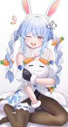 1girl ;d animal_ear_fluff animal_ears awa_(awao141) black_gloves blue_hair bow braid brown_pantyhose carrot_hair_ornament don-chan_(usada_pekora) food-themed_hair_ornament frilled_thigh_strap fur-trimmed_gloves fur_scarf fur_trim gloves hair_bow hair_ornament highres holding hololive looking_at_viewer multicolored_hair one_eye_closed open_mouth orange_eyes pantyhose pekomon_(usada_pekora) puffy_short_sleeves puffy_sleeves rabbit_ears scarf shadow short_sleeves sitting smile solo teeth thick_eyebrows thigh_strap twin_braids twintails two-tone_hair upper_teeth_only usada_pekora usada_pekora_(1st_costume) virtual_youtuber white_background white_bow white_hair white_scarf yokozuwari