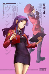 1girl absurdres black_dress boots cropped_jacket dress hat highres holding jackabean jacket katsuragi_misato long_hair long_sleeves military_hat military_uniform neon_genesis_evangelion open_clothes open_jacket parted_bangs puffy_long_sleeves puffy_sleeves purple_eyes purple_hair red_jacket smile solo