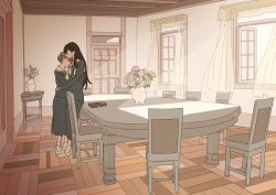 2girls 55bata6rou black_hair black_serafuku black_shirt black_skirt bouquet box brown_hair chair closed_eyes clubroom curtains door flower fukuzawa_yumi full_body gift gift_box highres hug indoors lillian_girls&#039;_academy_school_uniform long_hair long_sleeves maria-sama_ga_miteru multiple_girls neckerchief ogasawara_sachiko open_window pleated_skirt sailor_collar school_uniform serafuku shirt shoes short_hair skirt smile socks standing sunlight table twintails vase white_neckerchief white_sailor_collar window yuri