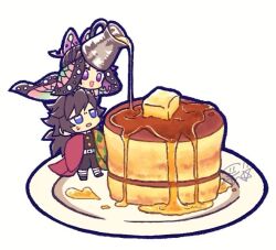 1boy 1girl black_hair blue_eyes butter chibi commentary_request confettocandy demon_slayer_uniform food hair_bun haori holding japanese_clothes kimetsu_no_yaiba kochou_shinobu maple_syrup on_shoulder pancake plate ponytail purple_hair simple_background smile tomioka_giyuu white_background