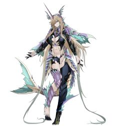 1girl absurdres ankle_fins black_sclera blonde_hair blue_eyes breasts colored_sclera commentary_request fins green_veil hair_over_one_eye highres horns large_breasts leviathan_(wuthering_waves) long_hair long_horns looking_at_viewer monster_girl mutation navel parted_lips personification purple_horns simple_background single_horn smile solo stomach tacet_mark_(wuthering_waves) tail thighs veil very_long_hair white_background will2012tw wuthering_waves