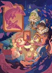 4girls absurdres agott_(tongari_boushi_no_atelier) bird black_hair blue_hair blush brushbuddy building coat coco_(tongari_boushi_no_atelier) earmuffs fingerless_gloves fish gloves green_eyes green_hair hat highres kettle lantern long_hair magic multiple_girls open_mouth pink_hair richeh_(tongari_boushi_no_atelier) scarf sigil tassel tetia_(tongari_boushi_no_atelier) thenerdyalchemist tongari_boushi_no_atelier very_long_hair winter_clothes winter_coat