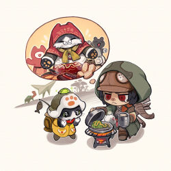 Rule 34 | 1boy, :&lt;, boots, brown boots, brown hat, capelet, cooking, crying, cup, felyne, flaw eight, glasses, grammeowster chef, grill, hands up, hat, holding, holding cup, monster hunter: world, monster hunter (character), monster hunter (series), monster hunter world: iceborne, newsboy cap, pince-nez, red capelet, red eyes, scarf, simple background, sitting, solo, vest, white background, yellow scarf, yellow vest