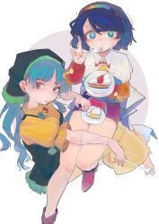 Rule 34 | 2girls, 4qw5, absurdres, apron, arm ribbon, blue cloak, blue dress, blue eyes, blue hair, blue hairband, blue nails, boots, breasts, cake, cake slice, cloak, collared cloak, commentary request, dress, fingernails, food, food on face, fork, frills, from side, fruit, full body, green apron, green hairband, green headscarf, hair between eyes, hairband, hand up, haniyasushin keiki, headscarf, highres, holding, holding fork, jewelry, long hair, long sleeves, looking at viewer, magatama, magatama necklace, medium breasts, multicolored dress, multicolored hairband, multiple girls, nail polish, necklace, orange dress, orange hairband, patchwork clothes, pink boots, pink dress, plate, pocket, puffy long sleeves, puffy short sleeves, puffy sleeves, purple dress, purple eyes, purple hairband, rainbow cake, rainbow order, red dress, red hairband, ribbon, short hair, short sleeves, simple background, sitting, sitting on person, strawberry, teeth, tenkyuu chimata, touhou, turtleneck, turtleneck dress, two-sided cloak, two-sided fabric, wavy hair, white background, white cloak, yellow dress, yellow hairband