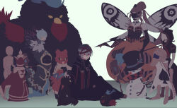 1boy 1other 4girls 6+boys animal aqua_hair bandages bare_shoulders bird black_gloves black_hat black_robe black_sclera blue_eyes boogie_villain_(grimms_notes) breasts brown_hair chaos_godmother_(grimms_notes) chess_soldier_(grimms_notes) chicken closed_eyes closed_mouth cocco_villain_(grimms_notes) colored_sclera creature dark_hunter_(grimms_notes) detached_arm detached_leg domino_mask dress elbow_gloves fairy_minion_(grimms_notes) fox_girl gloves green_robe grey_dress grimms_notes hat helmet highres holding holding_staff holding_sword holding_weapon homunculus_(grimms_notes) illusion_wizard_(grimms_notes) iumi_urura kung-fu_villain_(grimms_notes) long_hair mask mega_cocco_(grimms_notes) monster multicolored_hair multiple_boys multiple_girls open_mouth oversized_animal pale_skin petting pointy_ears prometheus_(grimms_notes) purple_wings red_bandage red_fur red_scarf robe scarf short_hair sitting snow_hat_(grimms_notes) snowman staff standing sweater sword top_hat trump_soldier_(grimms_notes) two-tone_hair weapon white_hair wings yellow_eyes yellow_sweater