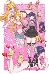 2girls animal_print ass black_panties black_skirt blonde_hair bomhat chibi chibi_inset fishnet_thighhighs fishnets gyaru highres jacket jirai_kei leopard_print lingerie multicolored_hair multiple_girls multiple_views panties panty_&amp;_stocking_with_garterbelt panty_(psg) pink_background pink_jacket purple_hair skirt sparkle stocking_(psg) thighhighs two-tone_hair underwear