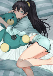 1girl antenna_hair aqua_eyes aqua_shirt aqua_shorts ass bare_legs barefoot bed black_hair black_necktie blanket breasts collared_shirt commentary hugging_doll drawstring feet_out_of_frame fingernails ganaha_hibiki hair_between_eyes hair_ornament hair_scrunchie hands_up high_ponytail highres idolmaster idolmaster_(classic) indoors light_blush long_hair long_sleeves looking_at_viewer lying medium_breasts midriff_peek necktie hugging_object on_bed on_side one_eye_closed pajamas parted_lips pillow ponytail rubbing_eyes scrunchie shirt short_shorts shorts sleepy sleeves_pushed_up solo striped_necktie striped_pillow stuffed_animal stuffed_toy tag teddy_bear tsurui yellow_scrunchie