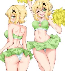 1girl akatsuki_kirika arm_up ass blonde_hair breasts cheering cheerleader crop_top freedom freedom_xdrive from_behind green_eyes hair_ornament highres holding holding_pom_poms looking_at_viewer looking_back medium_breasts midriff miniskirt multiple_views navel panties pom_pom_(cheerleading) pom_poms senki_zesshou_symphogear shiny_skin short_hair simple_background skirt smile standing underwear wedgie white_background white_panties x_hair_ornament
