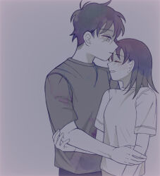 Rule 34 | 1boy, 1girl, :|, black shirt, blush, closed eyes, closed mouth, futsuu no keion-bu, hand on another&#039;s arm, hatono chihiro, height difference, highres, hug, medium hair, mizuo haruichi, shirt, short hair, short sleeves, sitesitei, smile, t-shirt, white shirt