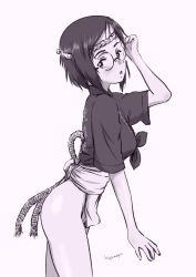 Rule 34 | 1girl, absurdres, ass, blush, breasts, from side, fundoshi, girls und panzer, glasses, highres, hiyama yuu (wee259hiyama), japanese clothes, katsuya megu, looking at viewer, monochrome, open mouth, short hair, signature, simple background, small breasts, solo