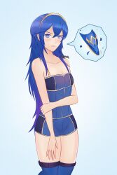 Rule 34 | 1girl, arm at side, armor, armpits, artist name, bare arms, bare shoulders, blue camisole, blue eyes, blue hair, blue panties, blue thighhighs, boyshort panties, brand of the exalt, broken armor, camisole, clenched hand, collarbone, embarrassed, female focus, fire emblem, fire emblem awakening, fire emblem warriors, gameplay mechanics, hair between eyes, hair ornament, highres, holding own arm, intelligent systems, legs, legs together, light blush, long hair, looking at viewer, lucina (fire emblem), matching hair/eyes, matching underwear, messy hair, neck, nintendo, official alternate costume, official underwear, panties, print camisole, print panties, serious, shiny skin, short shorts, shorts, sidelocks, simple background, smgold, speech bubble, standing, symbol in eye, thighhighs, thighs, tiara, underwear, underwear only
